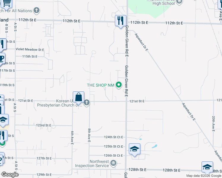 map of restaurants, bars, coffee shops, grocery stores, and more near 11912 9th Avenue Court East in Tacoma