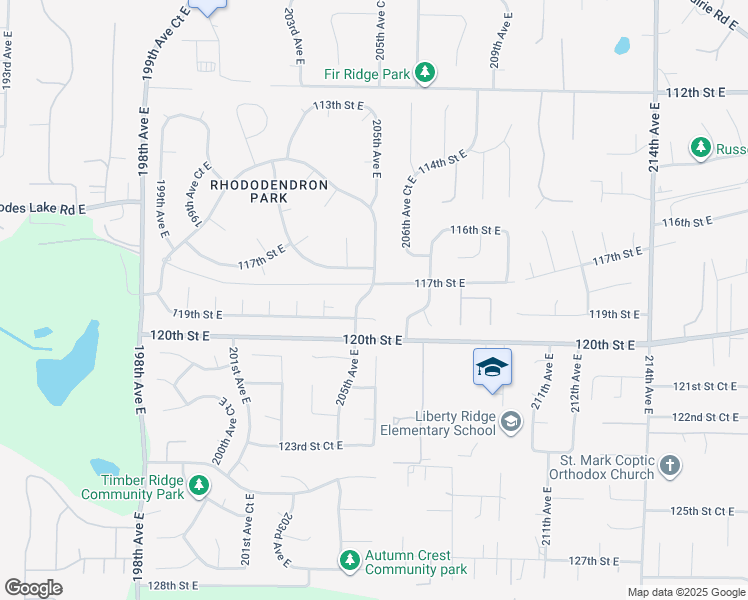 map of restaurants, bars, coffee shops, grocery stores, and more near 20502 119th Street East in Sumner
