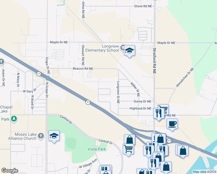 map of restaurants, bars, coffee shops, grocery stores, and more near 4000 Longview Street Northeast in Moses Lake