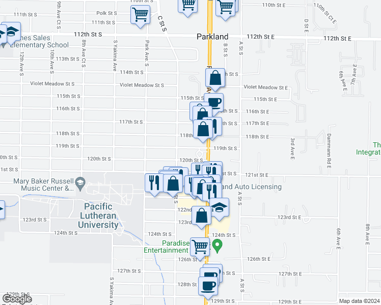 map of restaurants, bars, coffee shops, grocery stores, and more near 306 119th Street South in Tacoma