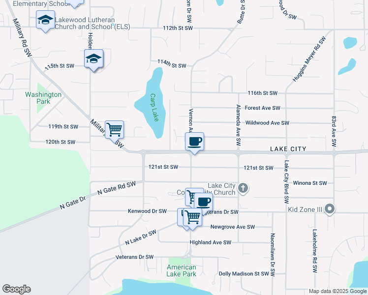 map of restaurants, bars, coffee shops, grocery stores, and more near 11910 Vernon Avenue Southwest in Lakewood
