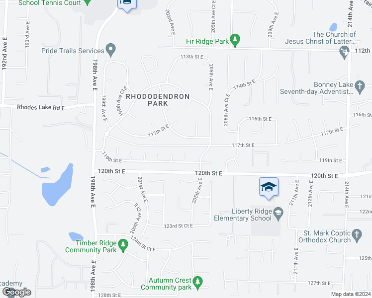 map of restaurants, bars, coffee shops, grocery stores, and more near 11801 204th Avenue East in Bonney Lake