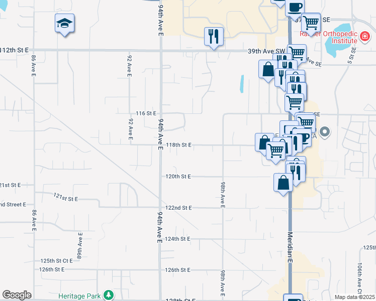 map of restaurants, bars, coffee shops, grocery stores, and more near 9520 118th Street East in Puyallup