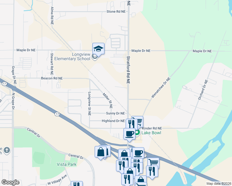 map of restaurants, bars, coffee shops, grocery stores, and more near 4242 Stratford Road Northeast in Moses Lake