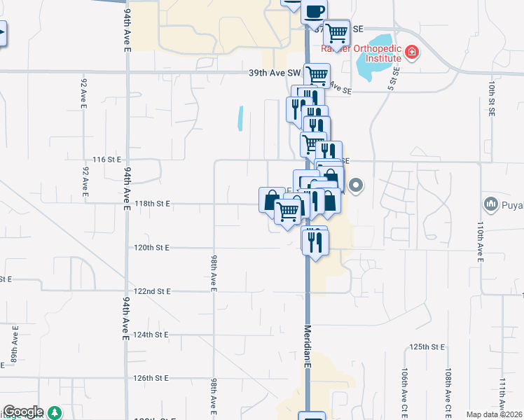 map of restaurants, bars, coffee shops, grocery stores, and more near 9913 118th Street East in Puyallup