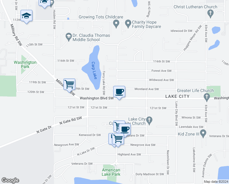 map of restaurants, bars, coffee shops, grocery stores, and more near 11910 Vernon Avenue Southwest in Lakewood