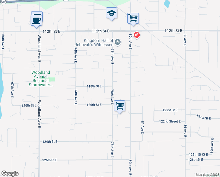 map of restaurants, bars, coffee shops, grocery stores, and more near 7711 118th Street East in Puyallup