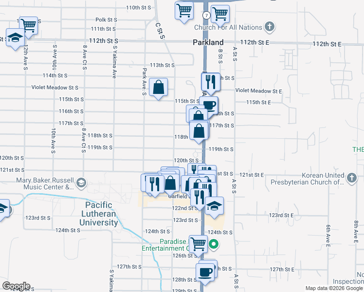 map of restaurants, bars, coffee shops, grocery stores, and more near 302 118th Street South in Parkland