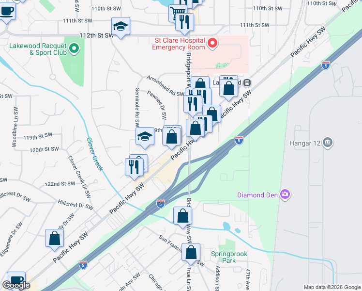 map of restaurants, bars, coffee shops, grocery stores, and more near 11916 Pacific Highway Southwest in Lakewood