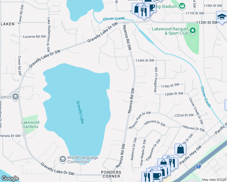 map of restaurants, bars, coffee shops, grocery stores, and more near 11914 Nyanza Road Southwest in Tacoma