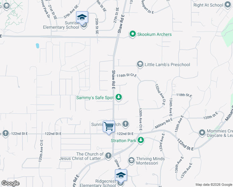 map of restaurants, bars, coffee shops, grocery stores, and more near 12820 117th Street East in Puyallup
