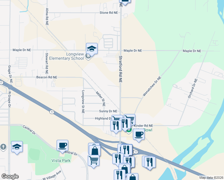map of restaurants, bars, coffee shops, grocery stores, and more near 4242 Stratford Road Northeast in Moses Lake