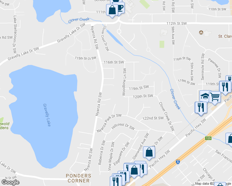 map of restaurants, bars, coffee shops, grocery stores, and more near 11915 Nyanza Road Southwest in Tacoma