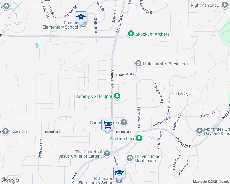 map of restaurants, bars, coffee shops, grocery stores, and more near 12824 117th Street East in Puyallup