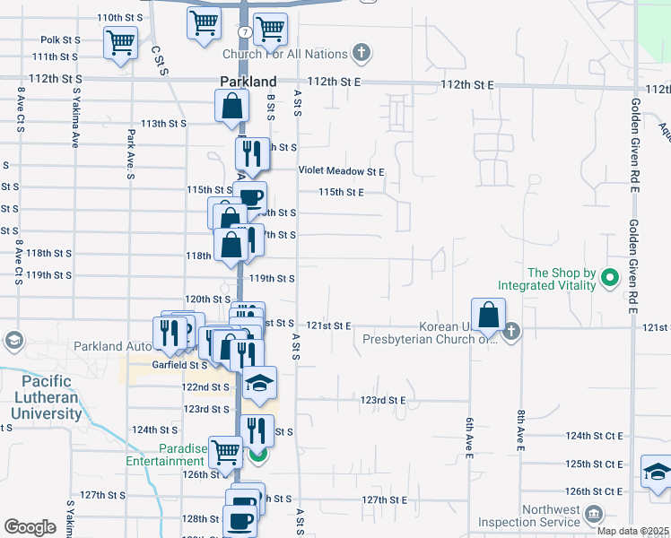 map of restaurants, bars, coffee shops, grocery stores, and more near 132 118th Street South in Tacoma