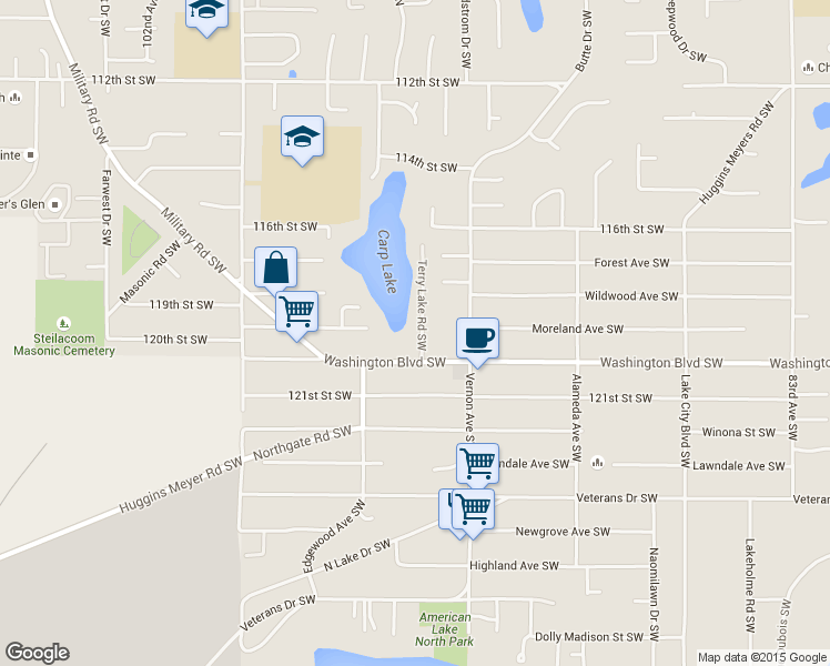 map of restaurants, bars, coffee shops, grocery stores, and more near 11904 Terry Lake Road Southwest in Lakewood