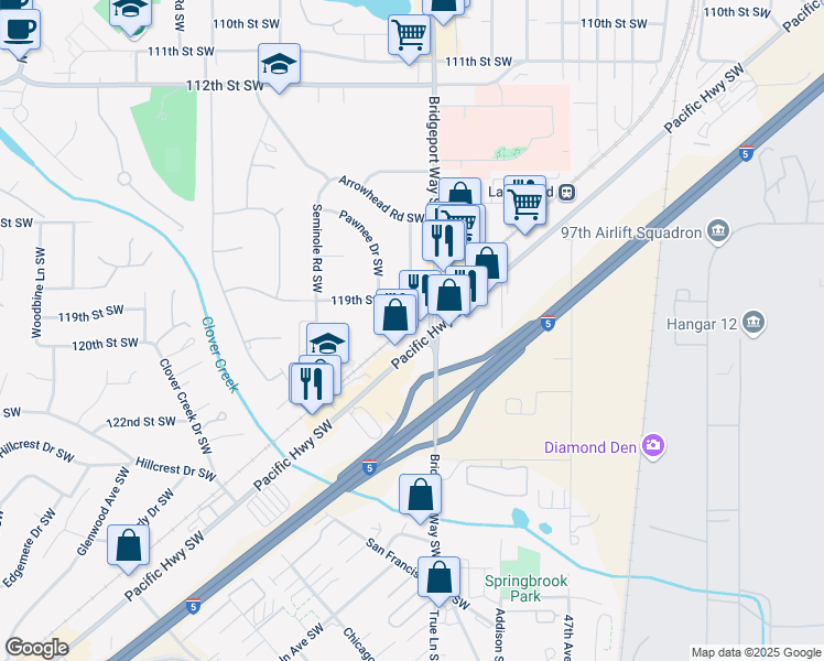 map of restaurants, bars, coffee shops, grocery stores, and more near 11916 Pacific Highway Southwest in Lakewood