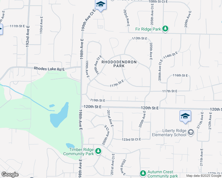 map of restaurants, bars, coffee shops, grocery stores, and more near 20014 117th Street East in Bonney Lake