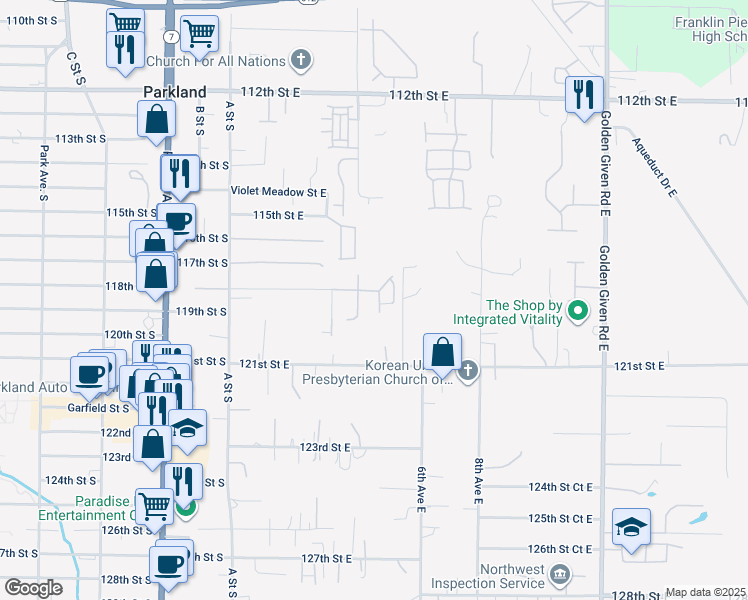map of restaurants, bars, coffee shops, grocery stores, and more near 11810 4th Avenue Court East in Tacoma