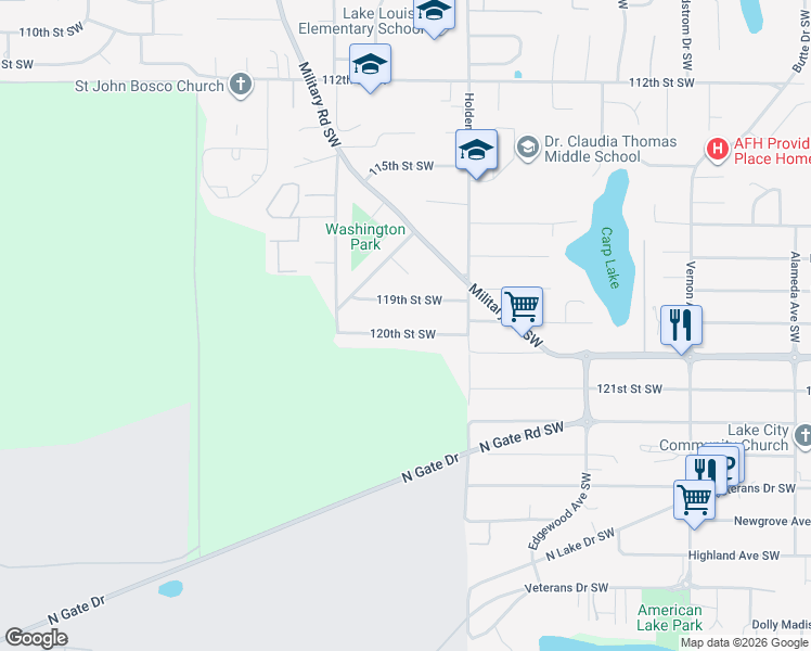 map of restaurants, bars, coffee shops, grocery stores, and more near 10021 120th Street Southwest in Lakewood