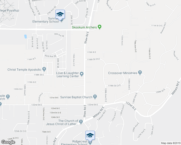 map of restaurants, bars, coffee shops, grocery stores, and more near 12824 117th Street East in Puyallup