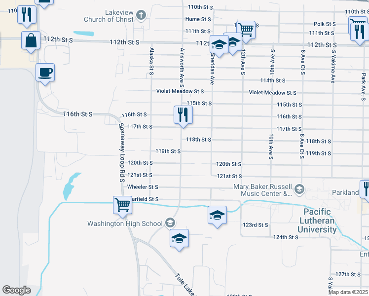 map of restaurants, bars, coffee shops, grocery stores, and more near 11815 Ainsworth Avenue South in Tacoma