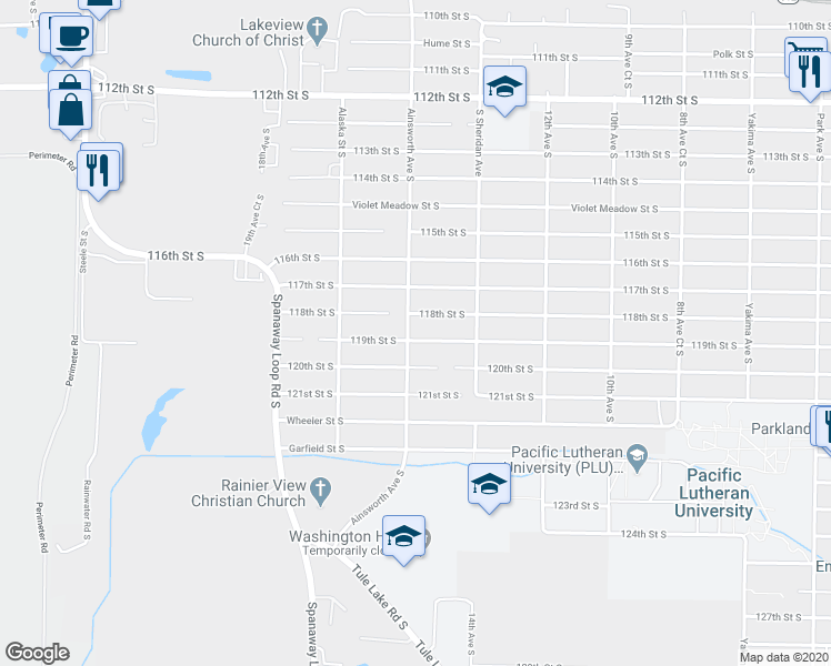 map of restaurants, bars, coffee shops, grocery stores, and more near 11815 Ainsworth Avenue South in Tacoma