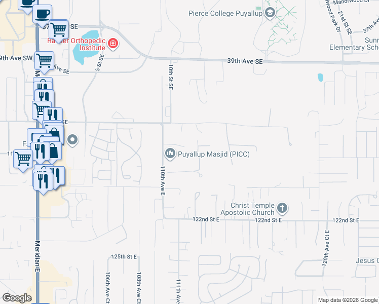 map of restaurants, bars, coffee shops, grocery stores, and more near 11122 117th St Ct E in Puyallup