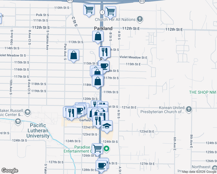 map of restaurants, bars, coffee shops, grocery stores, and more near 122 118th Street South in Tacoma