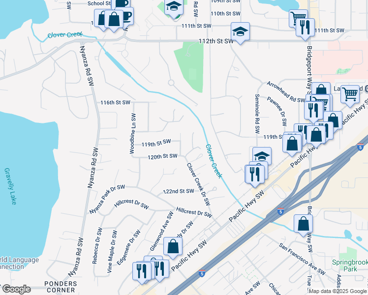 map of restaurants, bars, coffee shops, grocery stores, and more near 11903 Clover Creek Drive Southwest in Tacoma