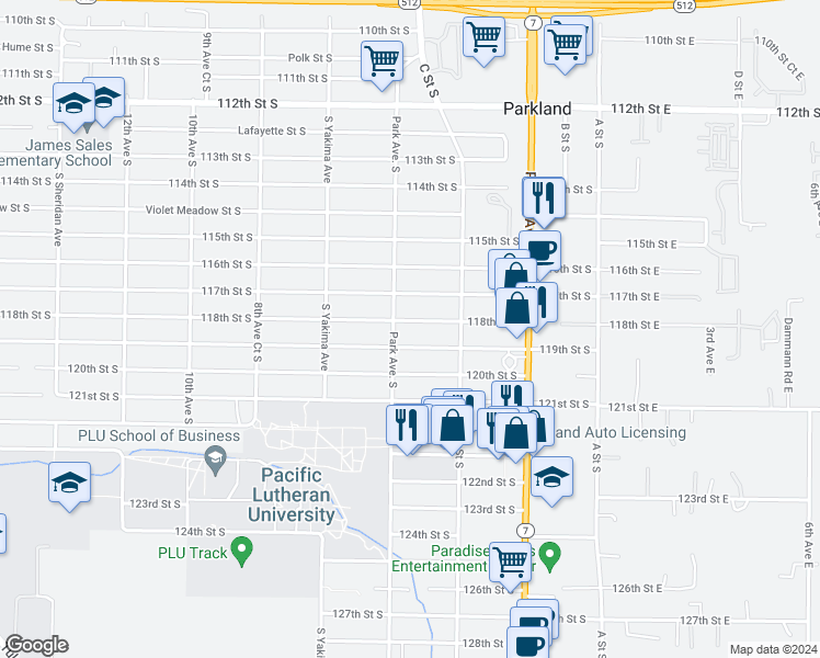 map of restaurants, bars, coffee shops, grocery stores, and more near 520 118th Street South in Tacoma