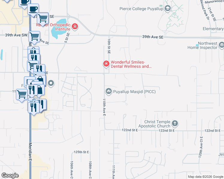 map of restaurants, bars, coffee shops, grocery stores, and more near 11016 117th Street Court East in Puyallup