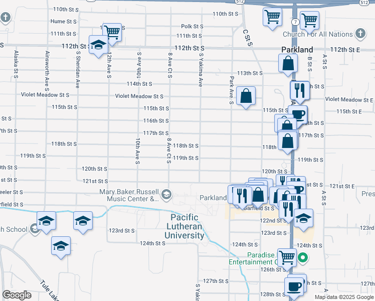 map of restaurants, bars, coffee shops, grocery stores, and more near 764 118th Street South in Parkland