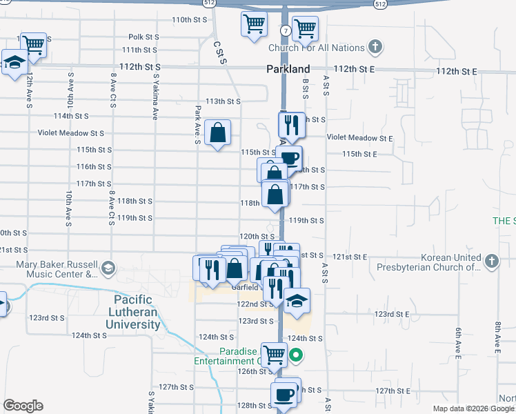 map of restaurants, bars, coffee shops, grocery stores, and more near 302 118th Street South in Parkland