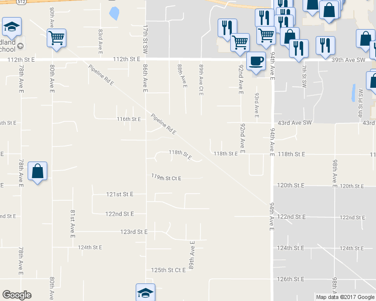 map of restaurants, bars, coffee shops, grocery stores, and more near 8819 118th Street East in Puyallup