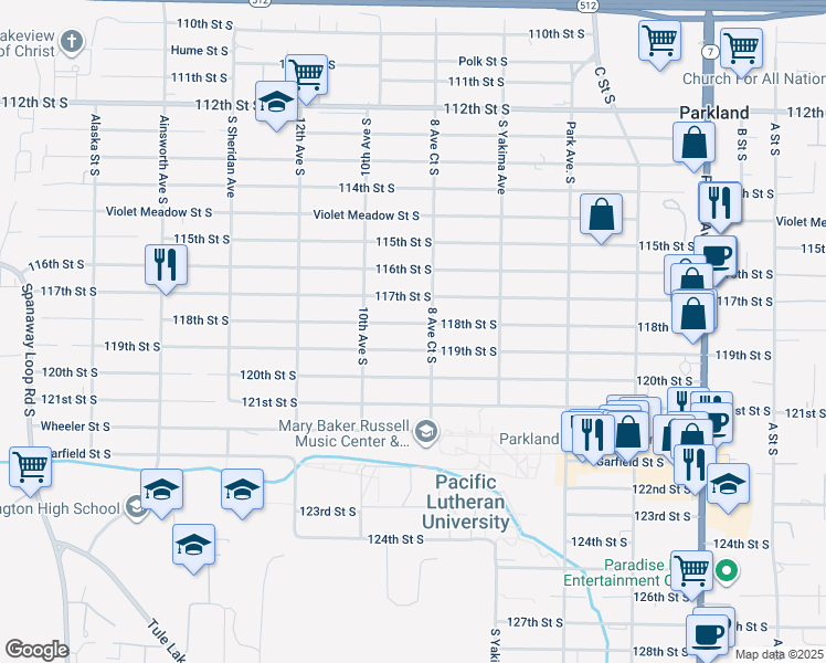 map of restaurants, bars, coffee shops, grocery stores, and more near 824 118th Street South in Tacoma