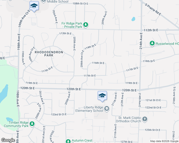 map of restaurants, bars, coffee shops, grocery stores, and more near 11627 207th Avenue East in Sumner