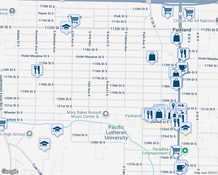 map of restaurants, bars, coffee shops, grocery stores, and more near 824 118th Street South in Tacoma