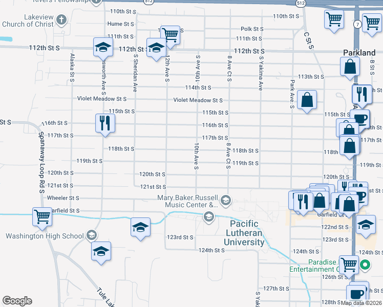 map of restaurants, bars, coffee shops, grocery stores, and more near 1010 118th Street South in Tacoma
