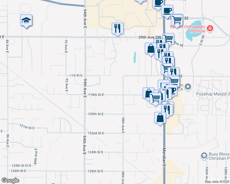 map of restaurants, bars, coffee shops, grocery stores, and more near 9701 118th Street East in Puyallup