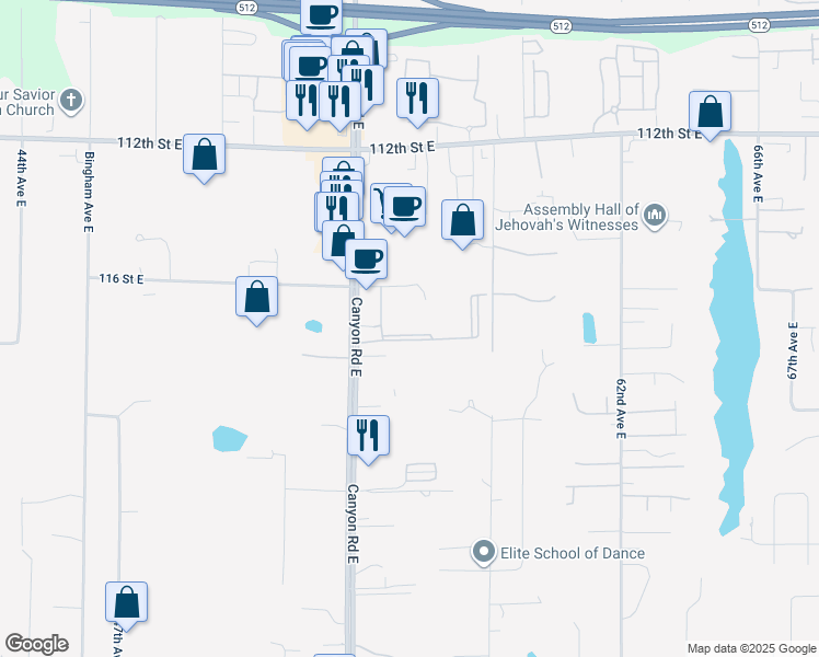 map of restaurants, bars, coffee shops, grocery stores, and more near 11619 Canyon Road East in Puyallup