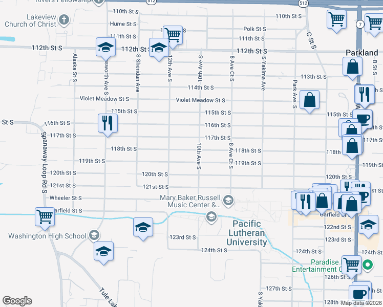 map of restaurants, bars, coffee shops, grocery stores, and more near 1010 118th Street South in Tacoma