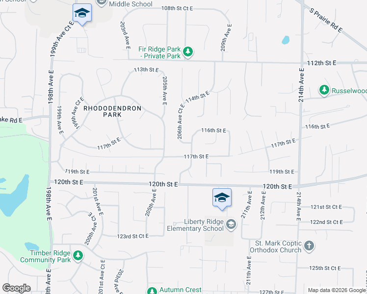 map of restaurants, bars, coffee shops, grocery stores, and more near 11627 207th Avenue East in Sumner