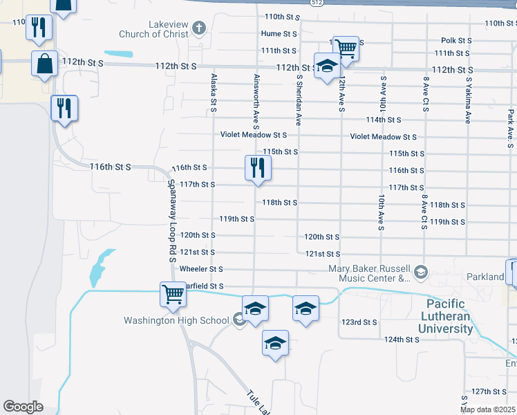 map of restaurants, bars, coffee shops, grocery stores, and more near 11815 Ainsworth Avenue South in Tacoma