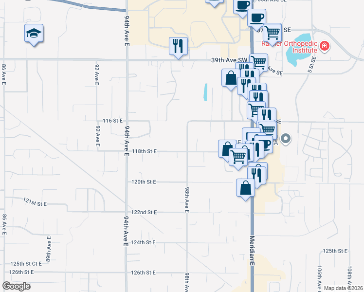 map of restaurants, bars, coffee shops, grocery stores, and more near 9701 118th Street East in Puyallup