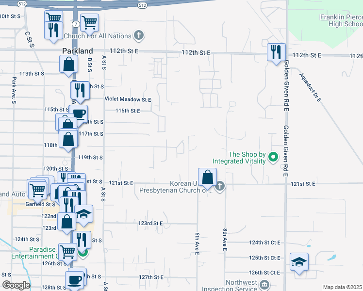map of restaurants, bars, coffee shops, grocery stores, and more near 11810 4th Avenue Court East in Tacoma
