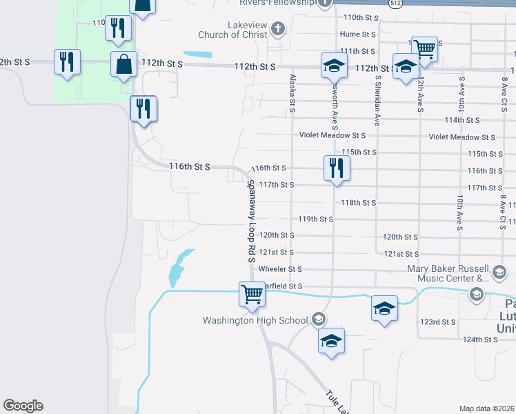 map of restaurants, bars, coffee shops, grocery stores, and more near 1735 119th Street South in Tacoma
