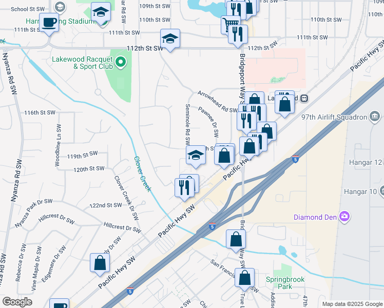 map of restaurants, bars, coffee shops, grocery stores, and more near 5318 119th Street Southwest in Tacoma