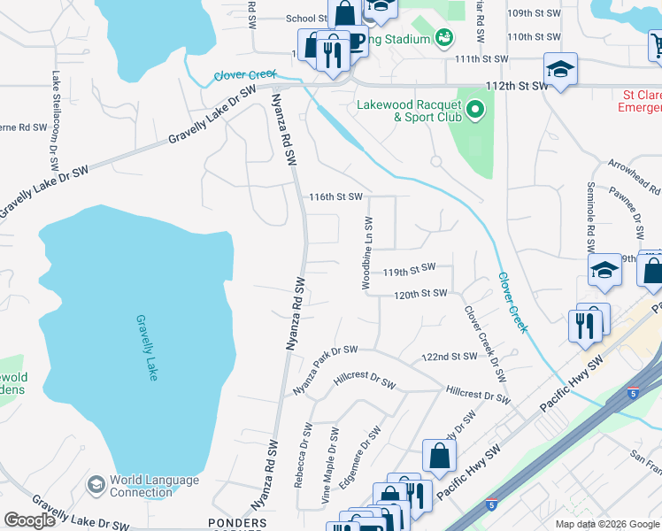 map of restaurants, bars, coffee shops, grocery stores, and more near 11915 Nyanza Road Southwest in Tacoma