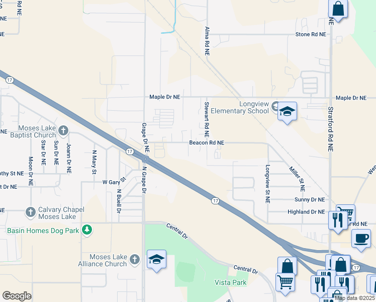 map of restaurants, bars, coffee shops, grocery stores, and more near 4399 Butler Lane Northeast in Moses Lake